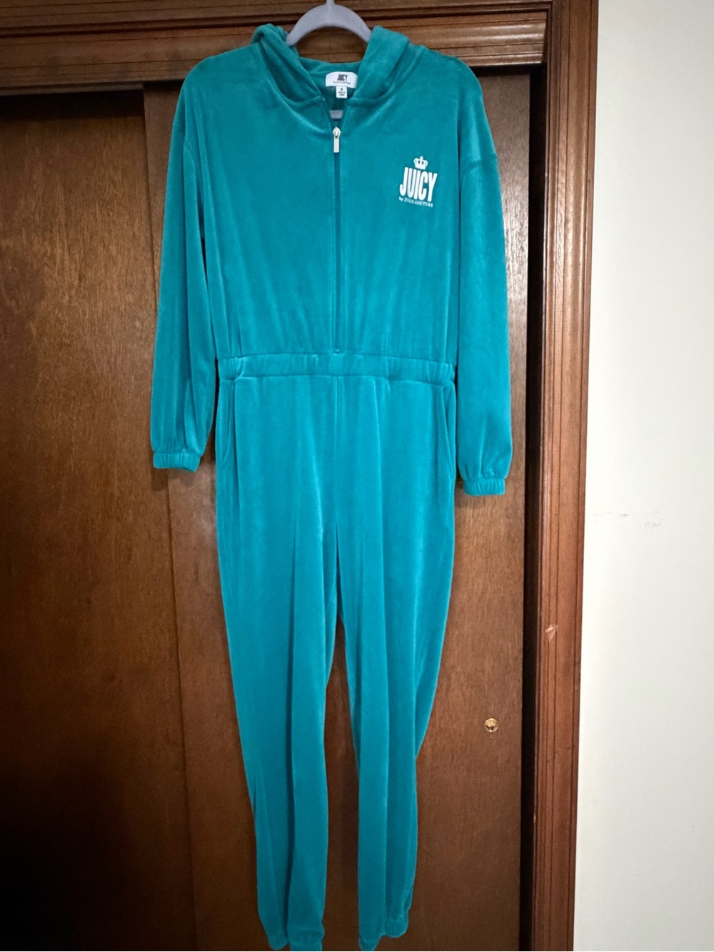 Juicy Couture Teal Hooded velour jumpsuit
